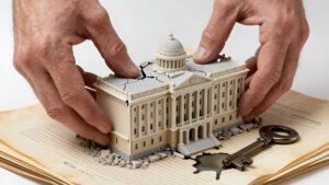 Разрушающаяся модель здания на юридических документах как символ риски при покупке коммерческой недвижимости СПб 2026