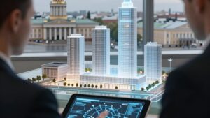 Юрист изучает голограмму жилого комплекса, отражая тренды сопровождения сделок с недвижимостью СПб 2026